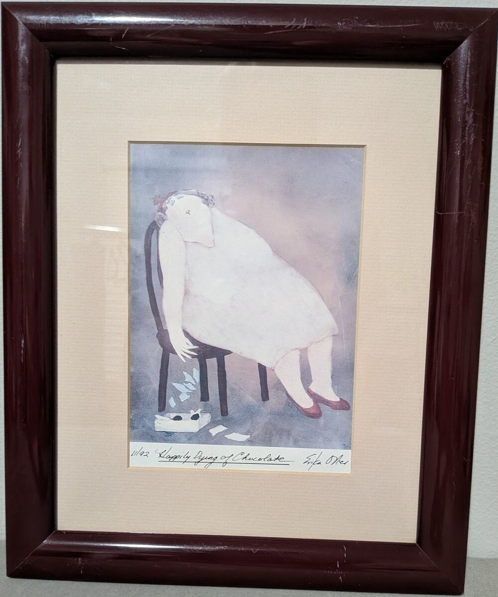 Erika Oller Framed Art "Happily Dying of Chocolate" Watercolor Painting Matted